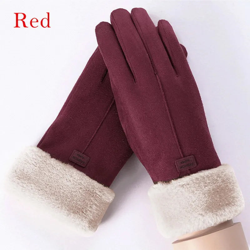 winter female cashmere feel  warm suede leather mittens with double thick velvet plush cozy touch screen driving gloves