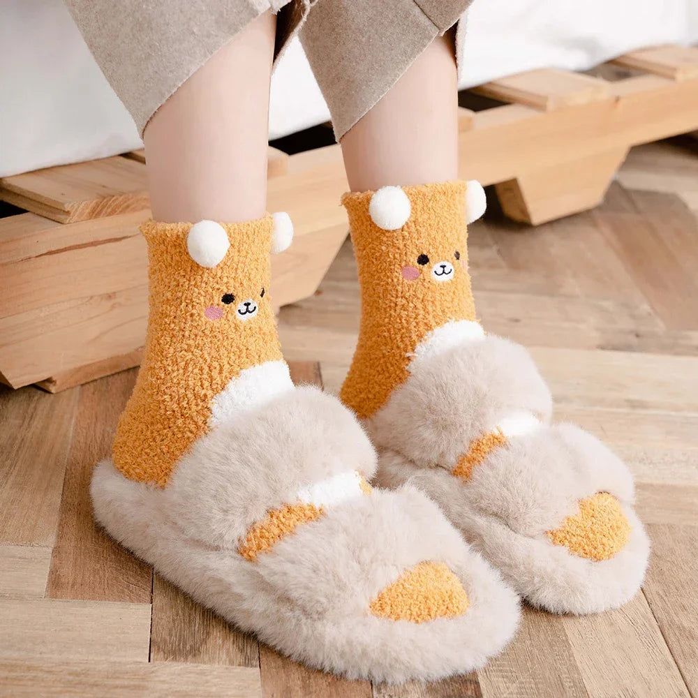 2 Paar Cartoon-Tier-Socken mit niedlichem Fuzzy-Fleece, pelzig, warm, für Damen