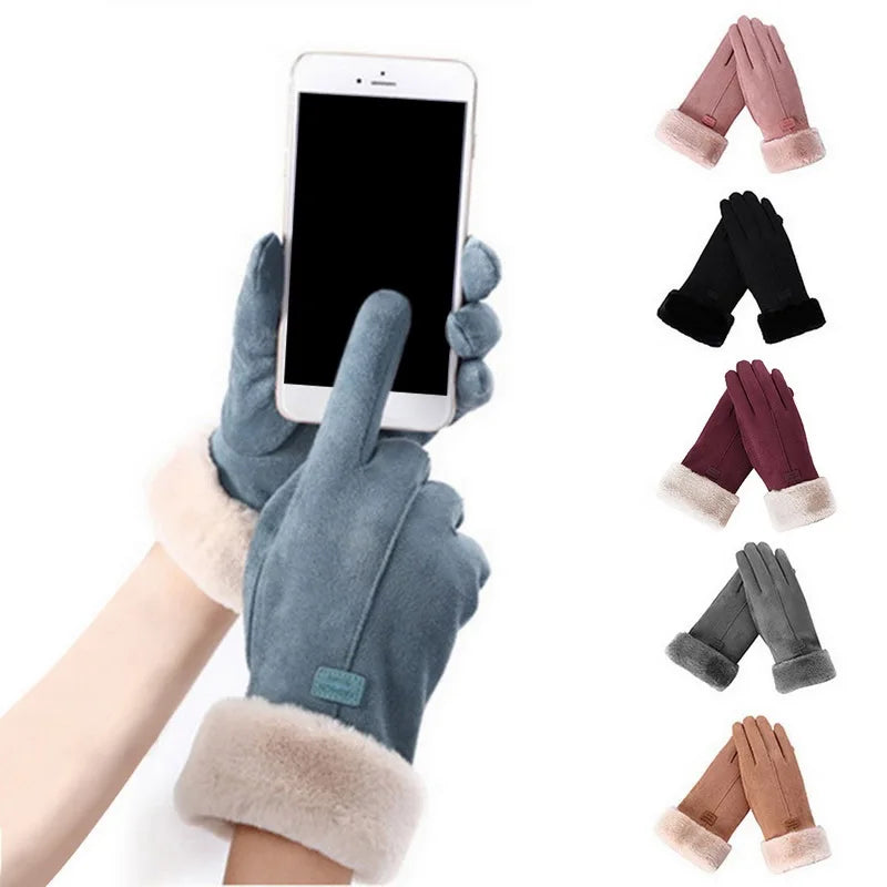 winter female cashmere feel  warm suede leather mittens with double thick velvet plush cozy touch screen driving gloves