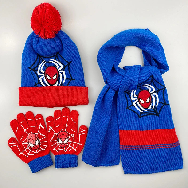 3 Pieces Disney Superhero Spiderman cartoon Autumn Winter Children Warm Knitted Hat+Scarf+Gloves  Boy  Scarf Accessories Kid