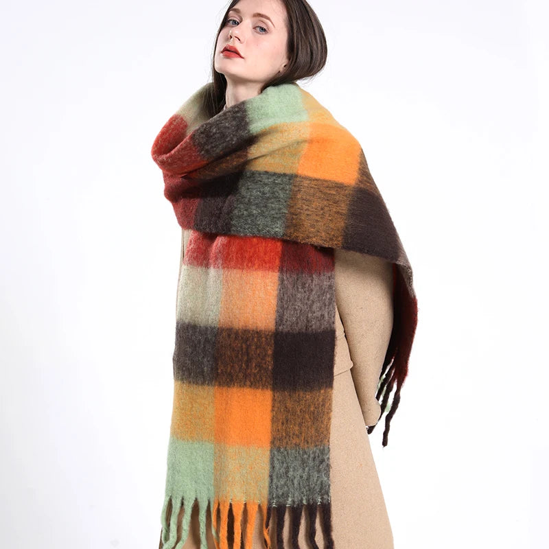 New luxury cashmere plaid scarf for women cozy winter shawl and wrap with long tassels