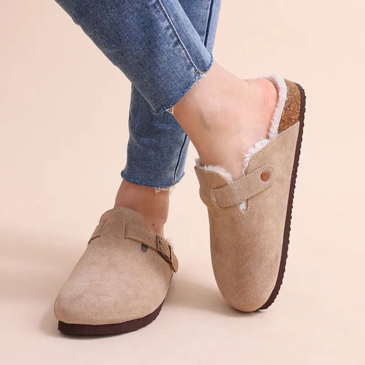 Winter com warme Fell-Clogs für Damen, luxuriöse Kork-Pantoletten und flauschige Hausschuhe mit kurzem Plüsch, perfekte Wärme und Stil für drinnen und draußen