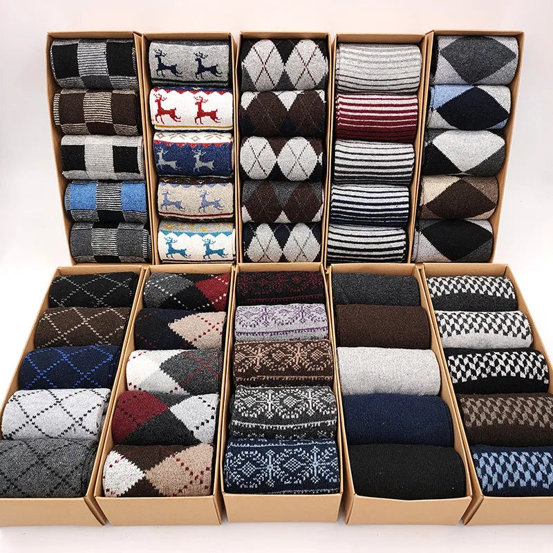 Wollsocken für den Winter, Herren-Mittelrohrsocken, Sport, atmungsaktiv, warm, Business, trendige, lässige oder formelle und schicke Socken, Geschenkbox, 5 Paar Set