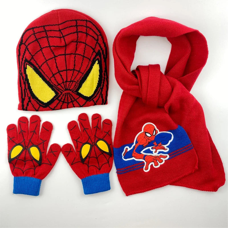 3 Pieces Disney Superhero Spiderman cartoon Autumn Winter Children Warm Knitted Hat+Scarf+Gloves  Boy  Scarf Accessories Kid