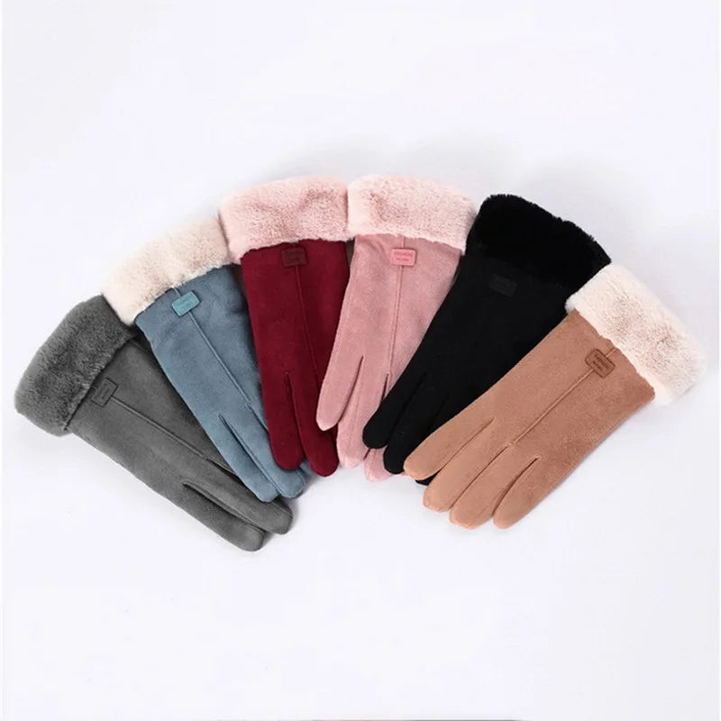 winter female cashmere feel  warm suede leather mittens with double thick velvet plush cozy touch screen driving gloves