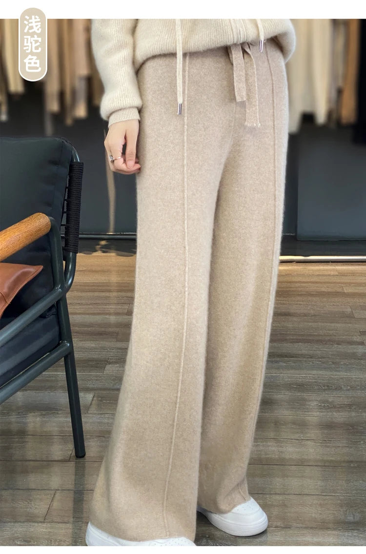 Wool knitted wide leg pants for women with a draping feel, straight tube casual woolen pants for indoors or outdoors warm