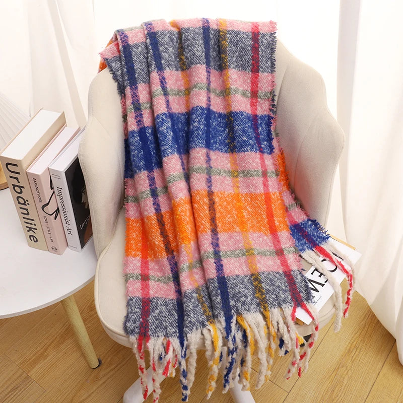 New luxury cashmere plaid scarf for women cozy winter shawl and wrap with long tassels