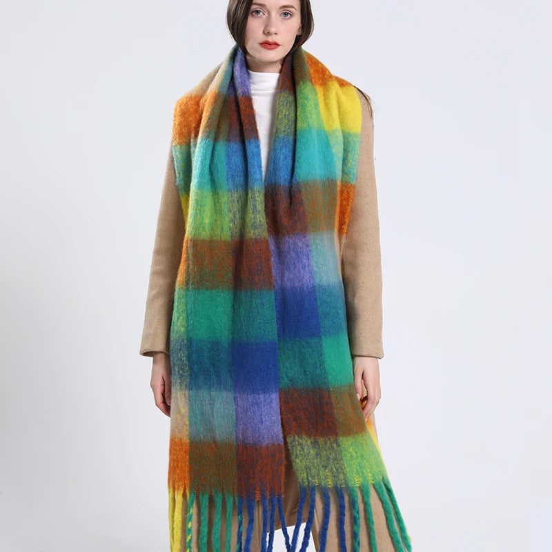 New luxury cashmere plaid scarf for women cozy winter shawl and wrap with long tassels