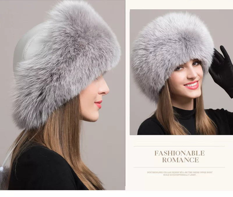 Natural Fox Fur Winter Hat with Earmuffs  Fashionable Warmth for Women