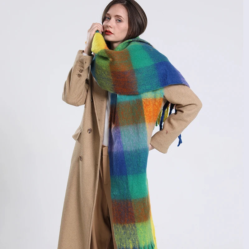 New luxury cashmere plaid scarf for women cozy winter shawl and wrap with long tassels