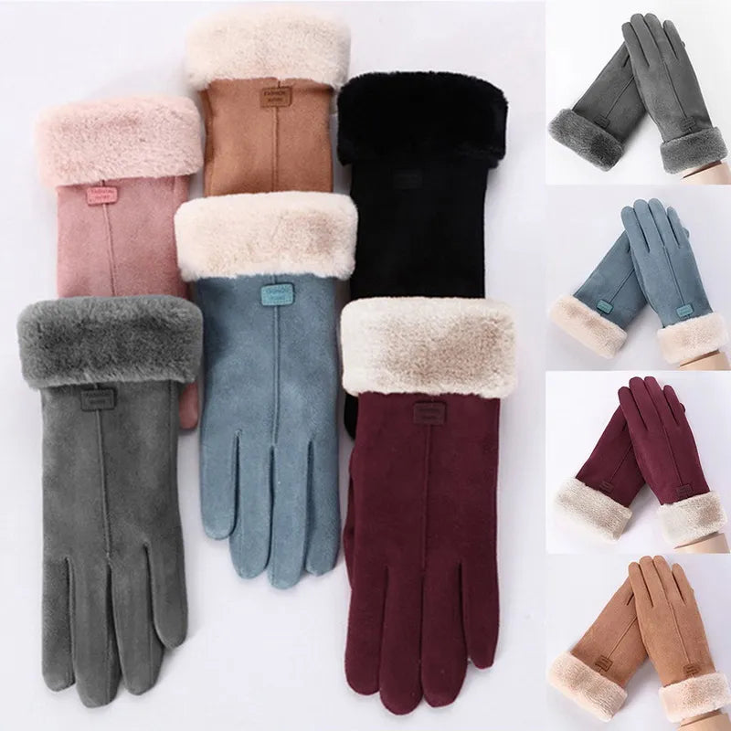 winter female cashmere feel  warm suede leather mittens with double thick velvet plush cozy touch screen driving gloves