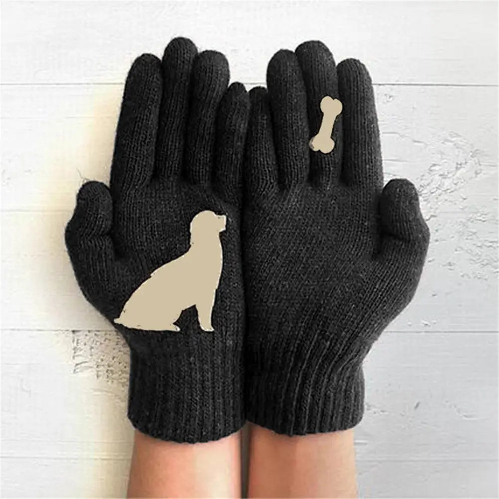 Winter warmth with  cat and bird printed thermal knitted cashmere feel gloves - energize your cold days with cozy comfort women or teens girls  gloves