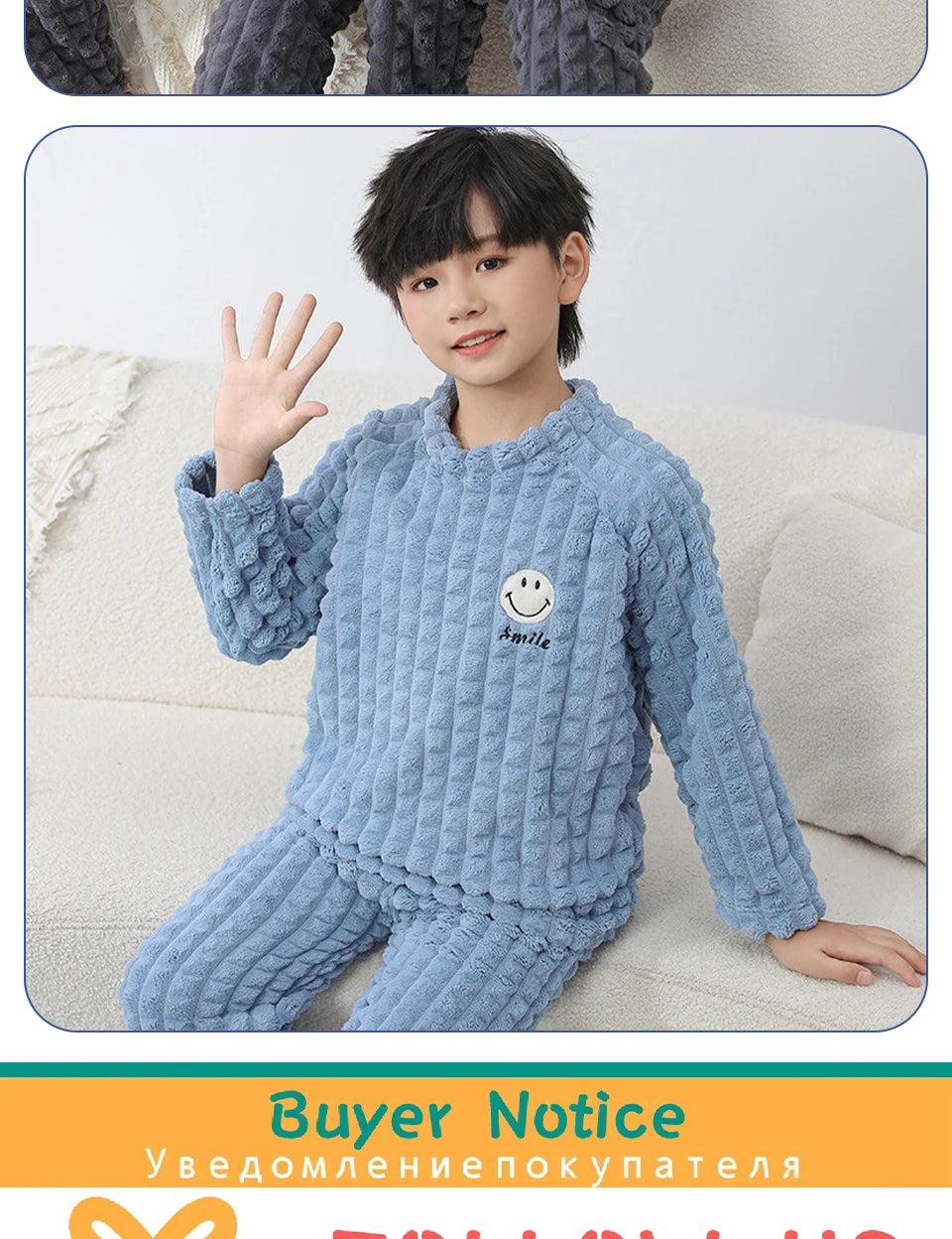 New smiley cartoon winter children pajamas set of warm fluffy  thick soft flannel baby boys girls long sleeve warm sleepwear kids home suit