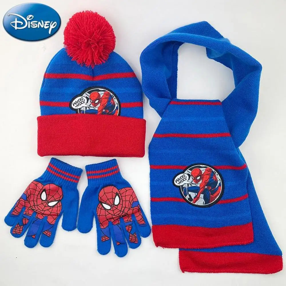 3 Pieces Disney Superhero Spiderman cartoon Autumn Winter Children Warm Knitted Hat+Scarf+Gloves  Boy  Scarf Accessories Kid