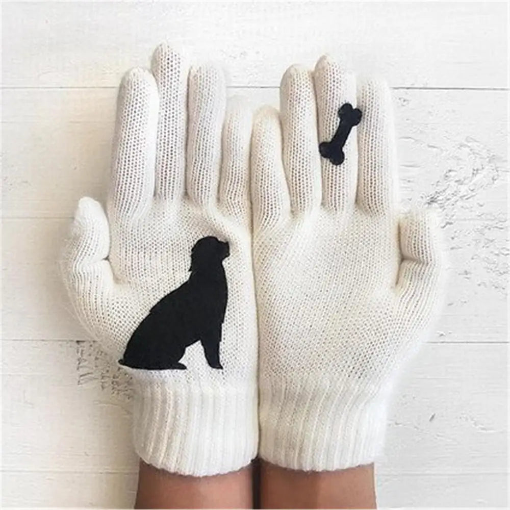 Winter warmth with  cat and bird printed thermal knitted cashmere feel gloves - energize your cold days with cozy comfort women or teens girls  gloves