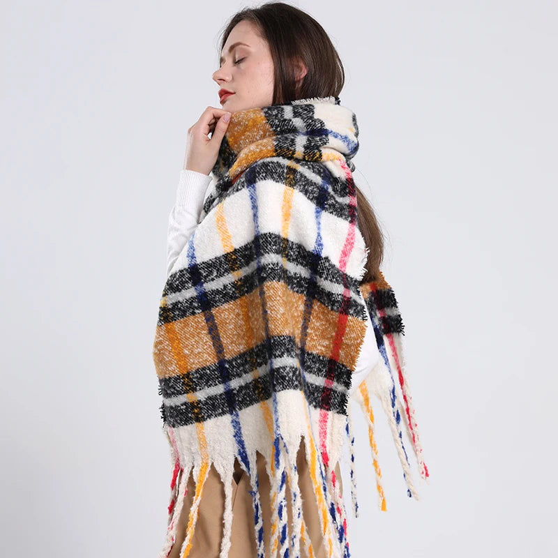 New luxury cashmere plaid scarf for women cozy winter shawl and wrap with long tassels