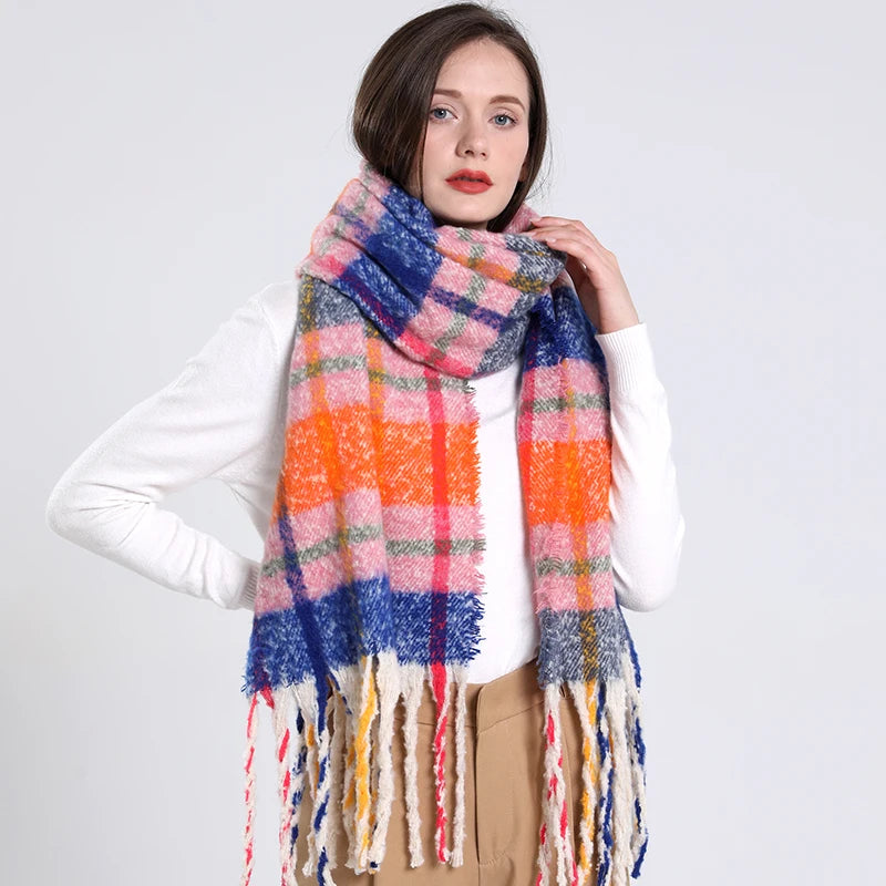 New luxury cashmere plaid scarf for women cozy winter shawl and wrap with long tassels