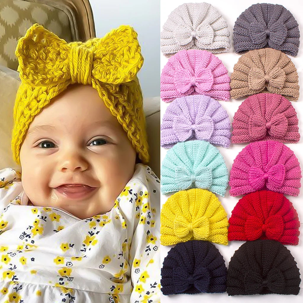 Cozy Newborn Bow Knitted Hat for Autumn and Winter Warm Turban Hats for Girls