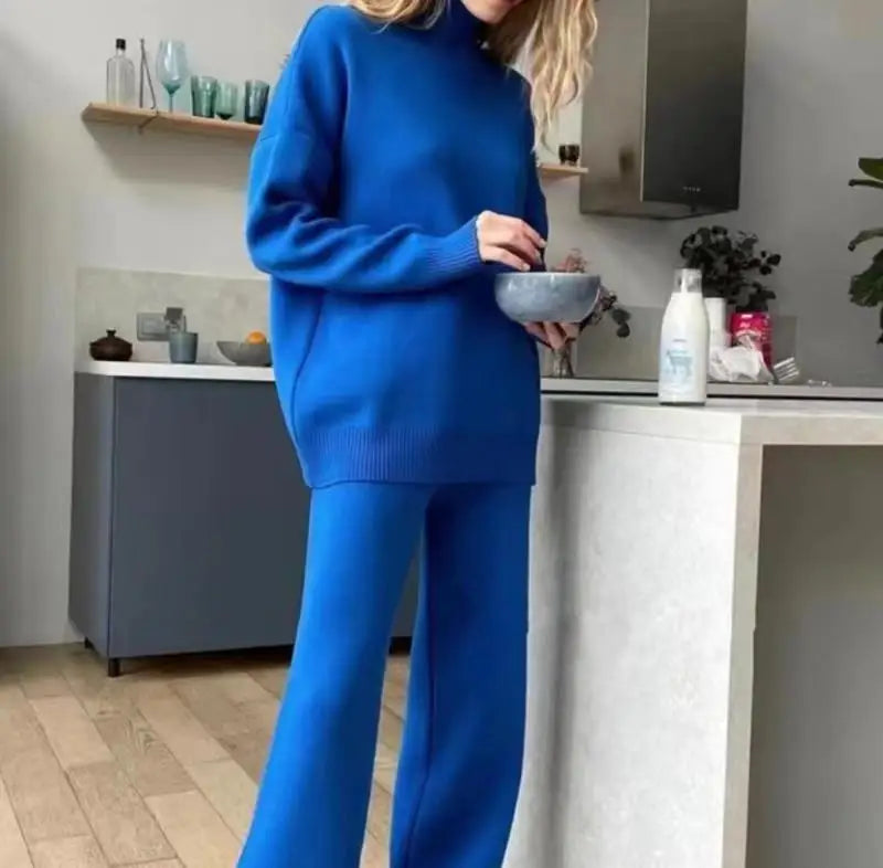 Gemütlicher gestrickter Winter-Pyjama-Trainingsanzug-Set, Rollkragen-Nachtwäsche, Loungewear für Damen