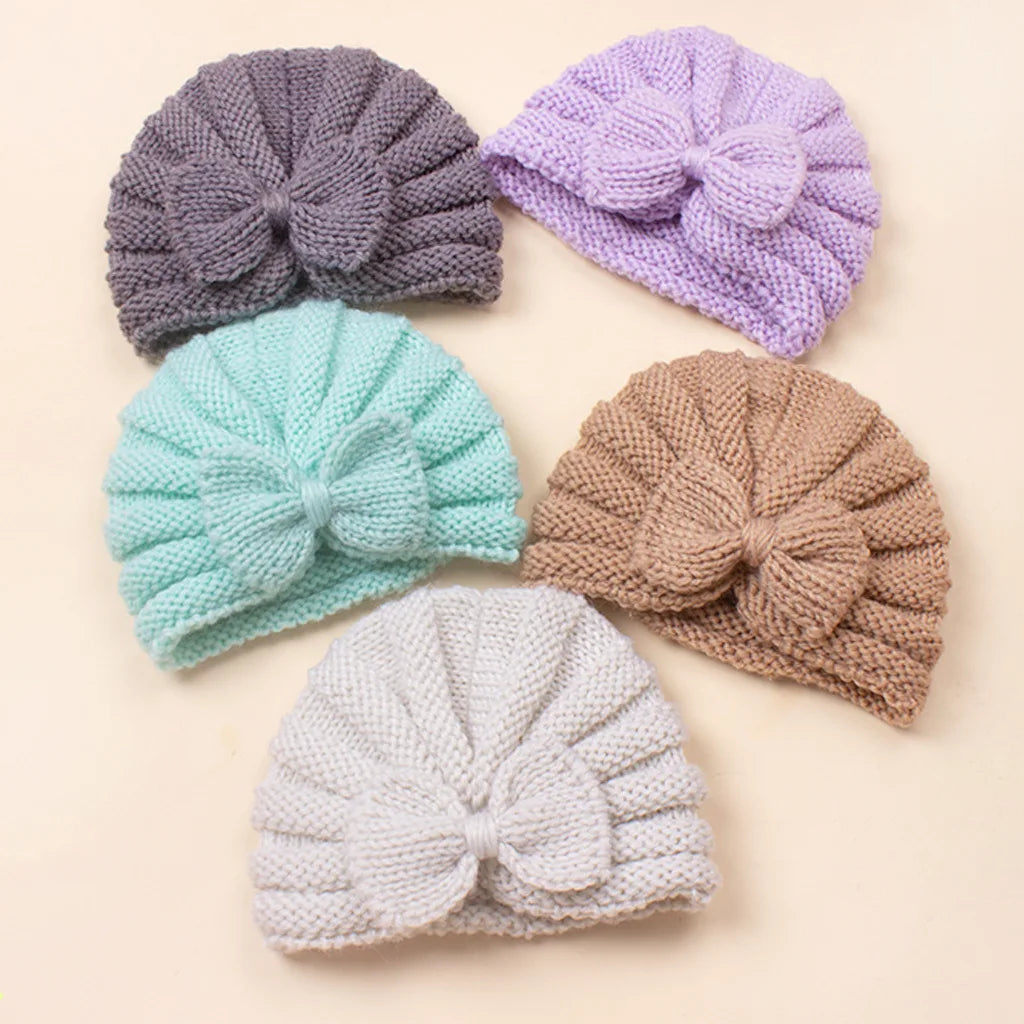 Cozy Newborn Bow Knitted Hat for Autumn and Winter Warm Turban Hats for Girls