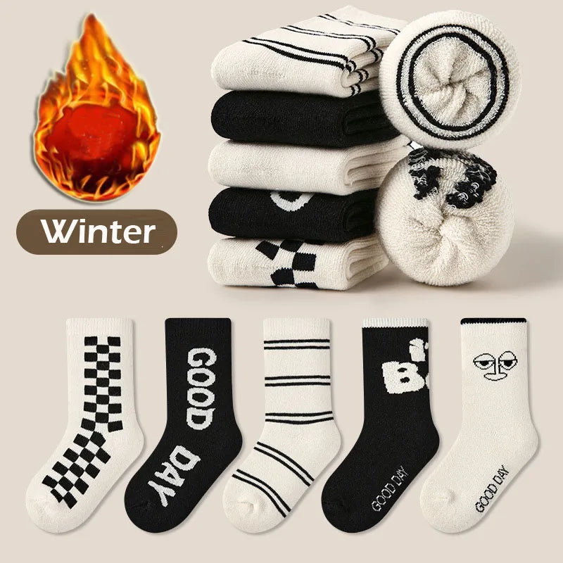 Winter warm  thickened cotton socks with letters and striped pattern for boys and girls - baby toddler socks, children socks (5 pairs)