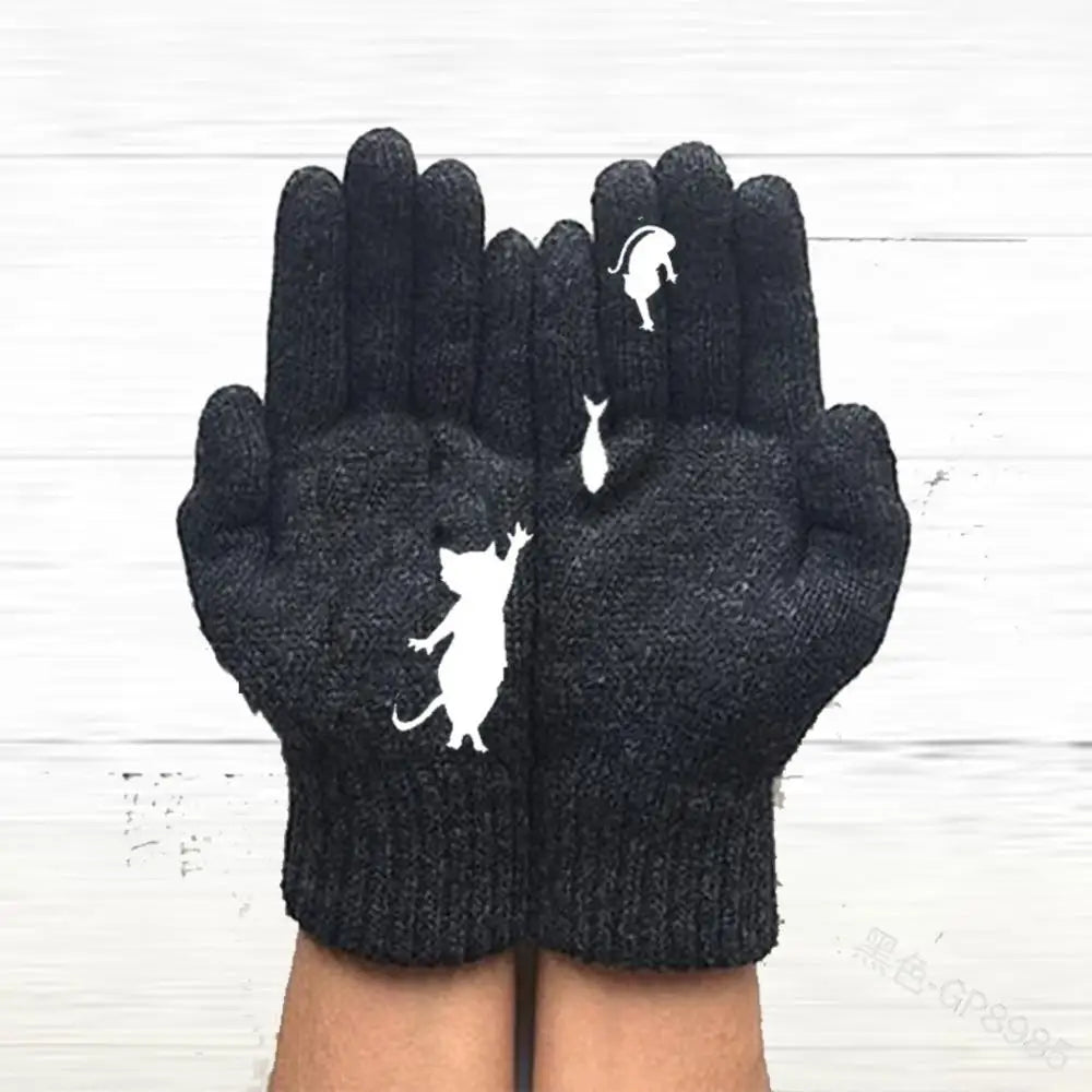 Winter warmth with  cat and bird printed thermal knitted cashmere feel gloves - energize your cold days with cozy comfort women or teens girls  gloves