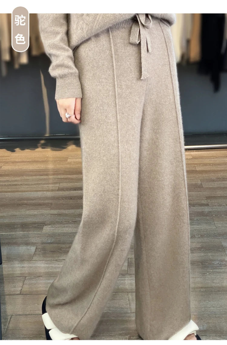 Wool knitted wide leg pants for women with a draping feel, straight tube casual woolen pants for indoors or outdoors warm