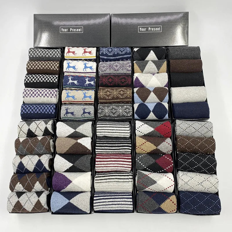 Wollsocken für den Winter, Herren-Mittelrohrsocken, Sport, atmungsaktiv, warm, Business, trendige, lässige oder formelle und schicke Socken, Geschenkbox, 5 Paar Set