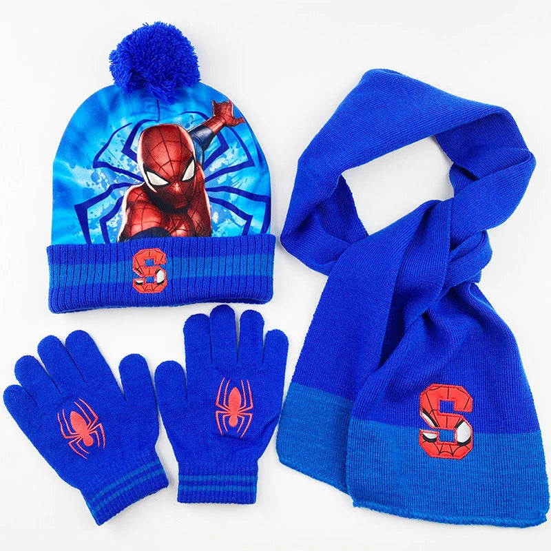 3 Stück Disney Superheld Spiderman Cartoon Herbst Winter Kinder Warme Strickmütze + Schal + Handschuhe Junge Schal Zubehör Kind