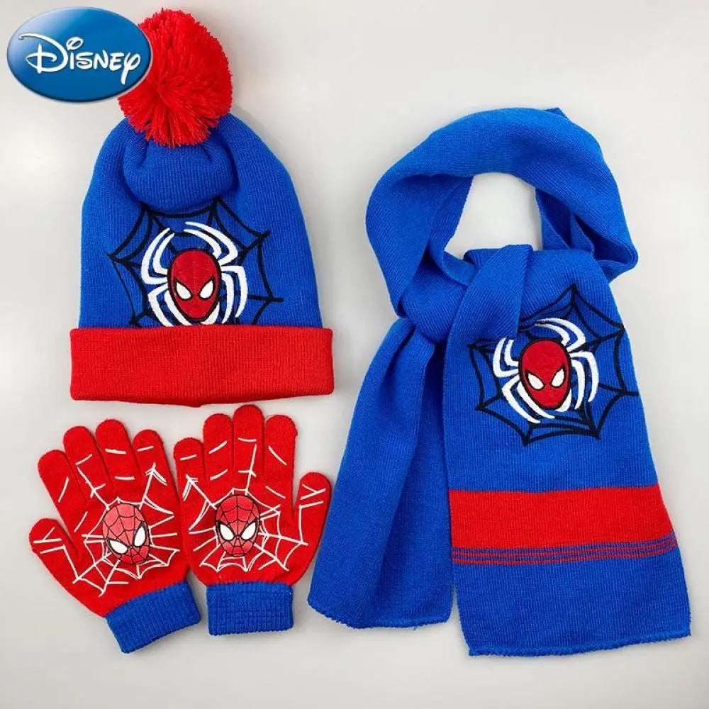 3 Pieces Disney Superhero Spiderman cartoon Autumn Winter Children Warm Knitted Hat+Scarf+Gloves  Boy  Scarf Accessories Kid