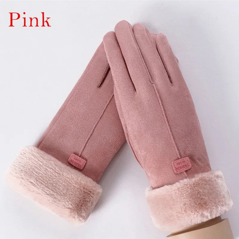 Mitaines d'hiver en cuir suédé pour femme, en cachemire, chaudes, avec velours double épais, peluche, gants de conduite confortables pour écran tactile