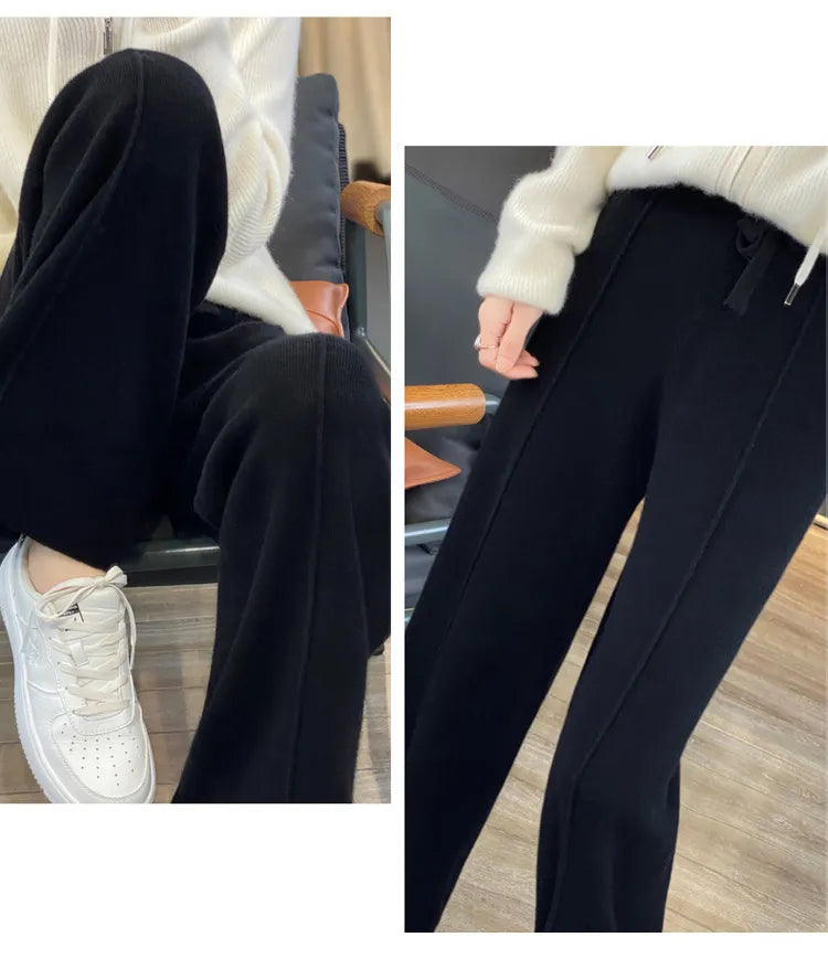 Wool knitted wide leg pants for women with a draping feel, straight tube casual woolen pants for indoors or outdoors warm