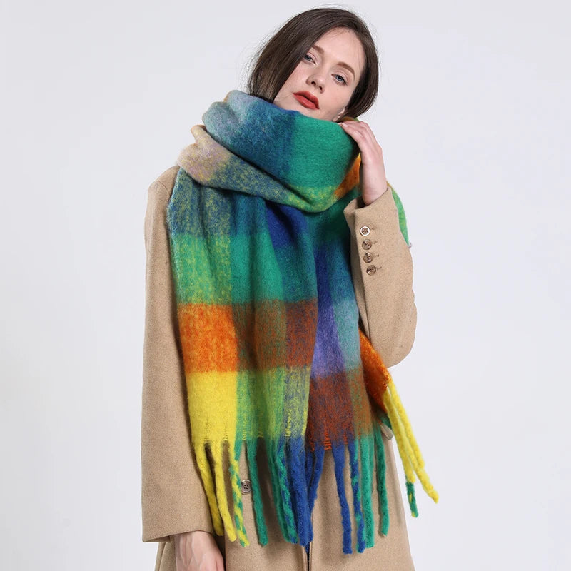 New luxury cashmere plaid scarf for women cozy winter shawl and wrap with long tassels