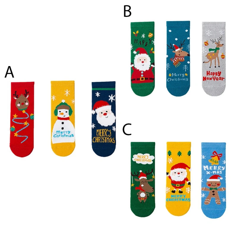 Set of 3 pair of cozy Christmas socks for kids - snowman and Santa designs (ages 1-12)