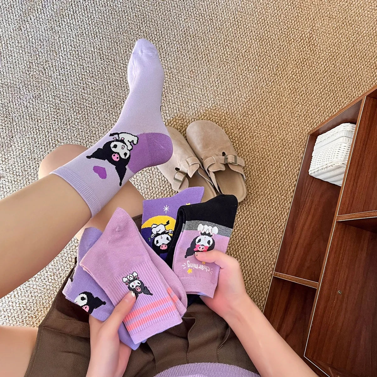 Purple Cartoon Socks: Embrace Your Inner Cute Witch with Disney Sanrio Kuromi! girls ladies kids