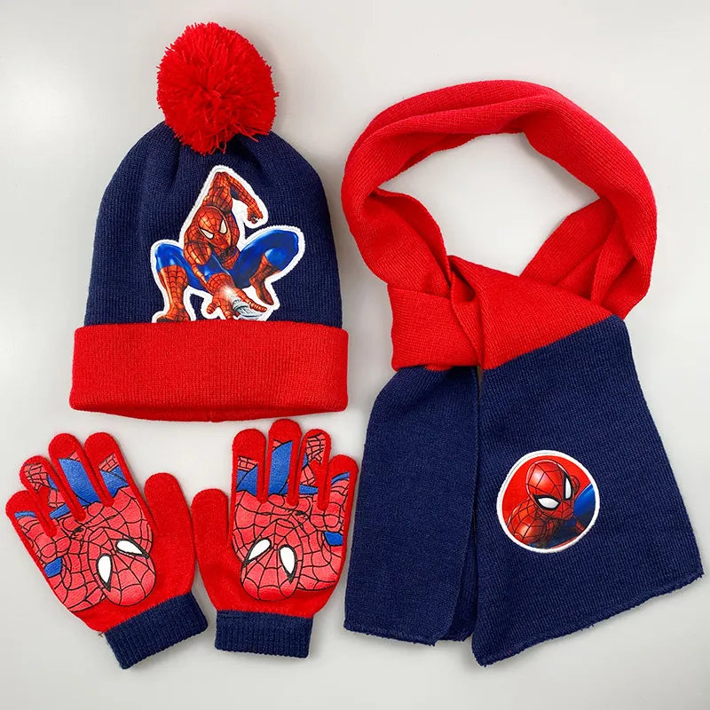 3 Stück Disney Superheld Spiderman Cartoon Herbst Winter Kinder Warme Strickmütze + Schal + Handschuhe Junge Schal Zubehör Kind