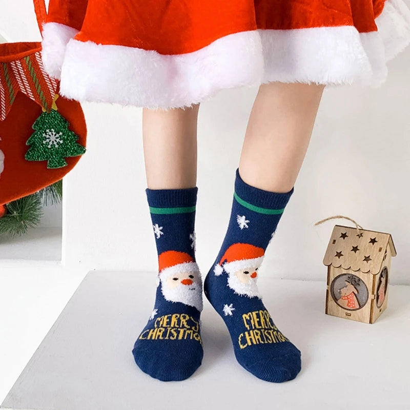 Set of 3 pair of cozy Christmas socks for kids - snowman and Santa designs (ages 1-12)