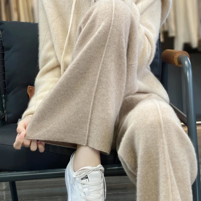 Wool knitted wide leg pants for women with a draping feel, straight tube casual woolen pants for indoors or outdoors warm