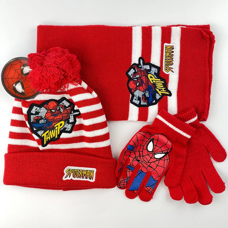 3 Pieces Disney Superhero Spiderman cartoon Autumn Winter Children Warm Knitted Hat+Scarf+Gloves  Boy  Scarf Accessories Kid