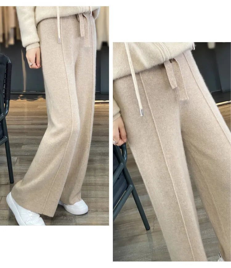 Wool knitted wide leg pants for women with a draping feel, straight tube casual woolen pants for indoors or outdoors warm