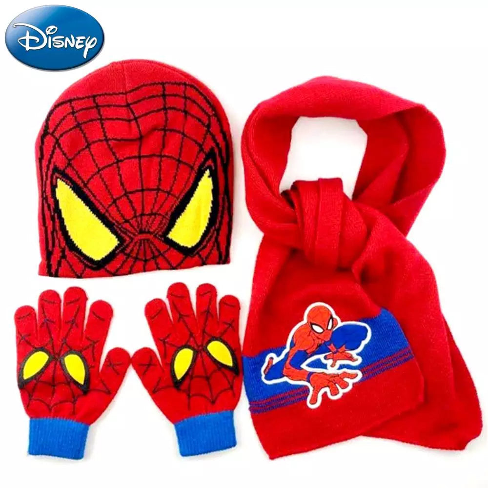 3 Stück Disney Superheld Spiderman Cartoon Herbst Winter Kinder Warme Strickmütze + Schal + Handschuhe Junge Schal Zubehör Kind