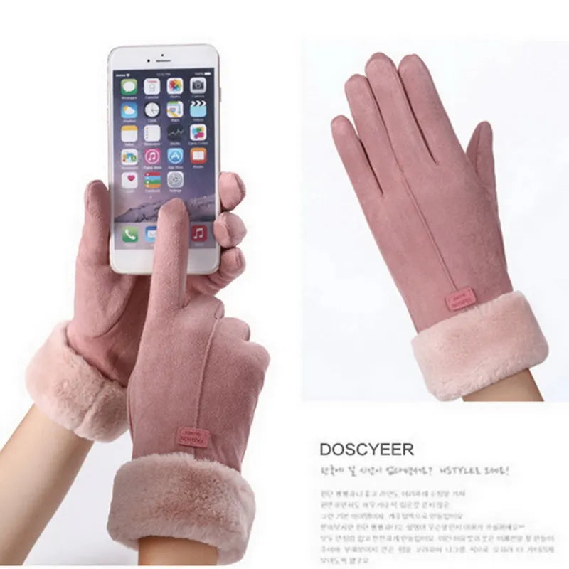 winter female cashmere feel  warm suede leather mittens with double thick velvet plush cozy touch screen driving gloves