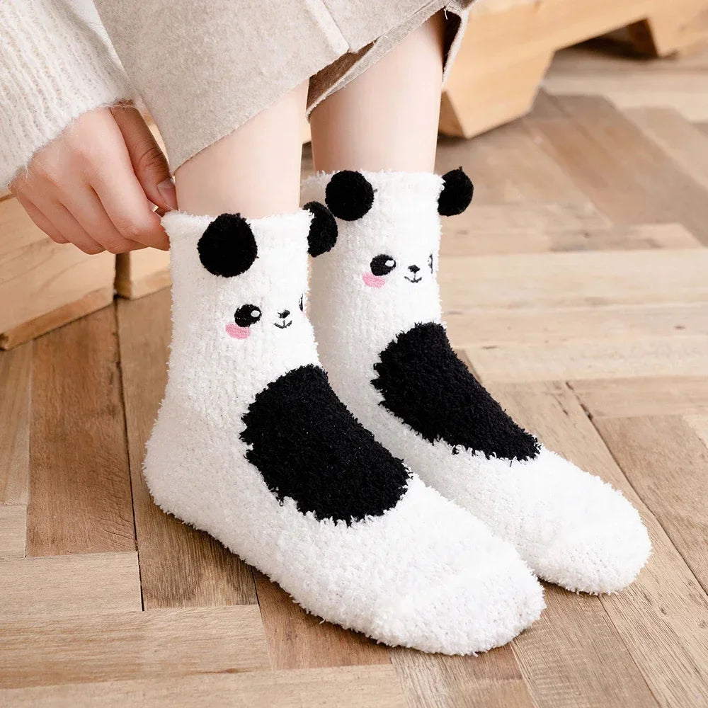 2 Paar Cartoon-Tier-Socken mit niedlichem Fuzzy-Fleece, pelzig, warm, für Damen