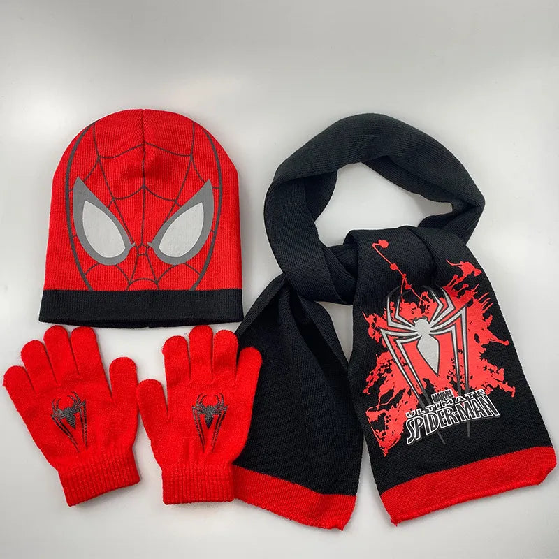 3 Stück Disney Superheld Spiderman Cartoon Herbst Winter Kinder Warme Strickmütze + Schal + Handschuhe Junge Schal Zubehör Kind