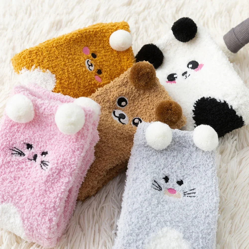 2 Paar Cartoon-Tier-Socken mit niedlichem Fuzzy-Fleece, pelzig, warm, für Damen