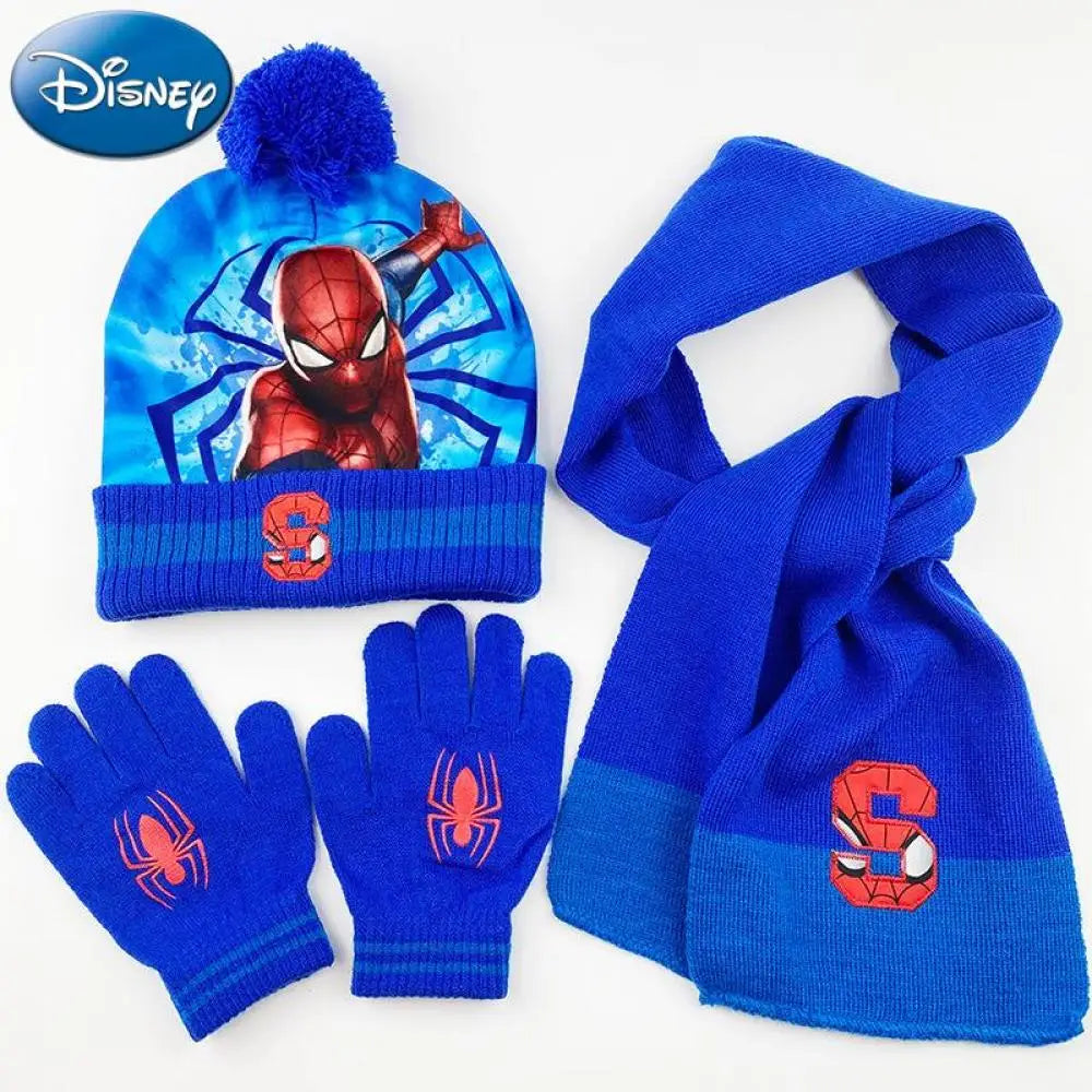 3 Pieces Disney Superhero Spiderman cartoon Autumn Winter Children Warm Knitted Hat+Scarf+Gloves  Boy  Scarf Accessories Kid