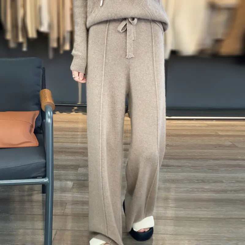 Wool knitted wide leg pants for women with a draping feel, straight tube casual woolen pants for indoors or outdoors warm